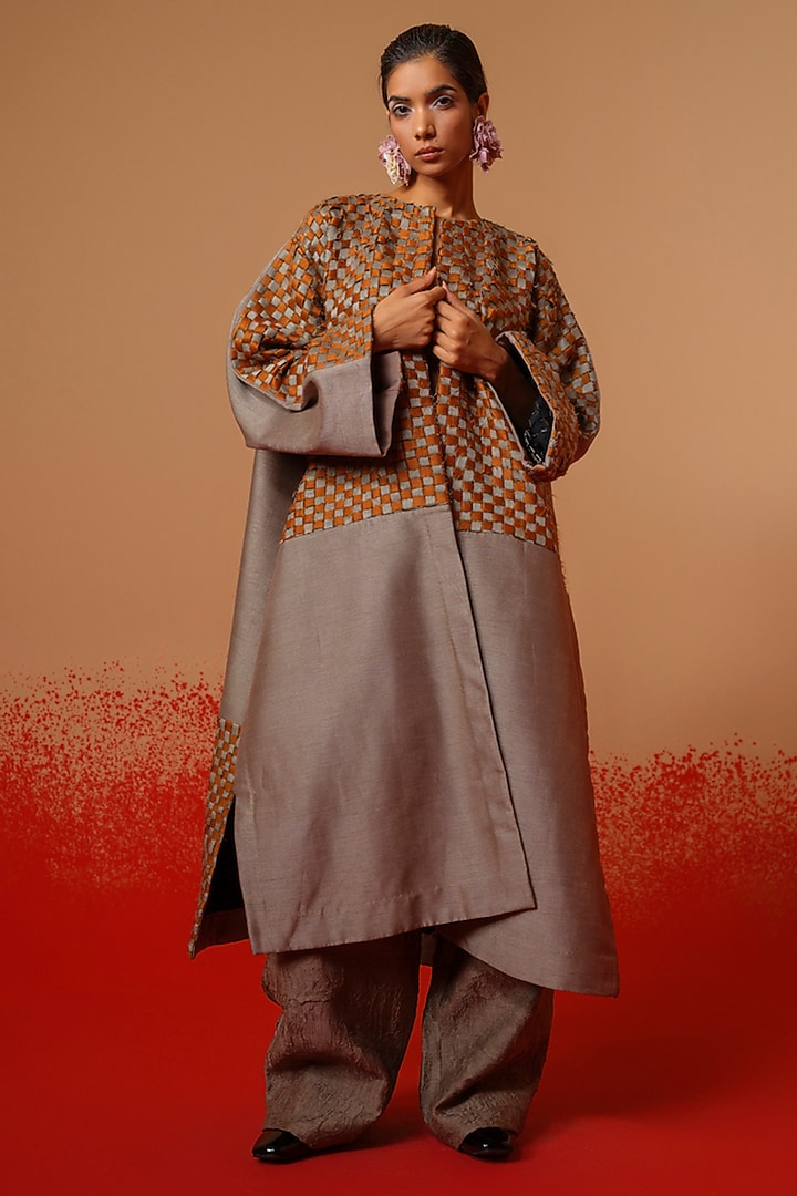 Grey Crushed Silk Trousers by STOIQUE at Pernia's Pop Up Shop