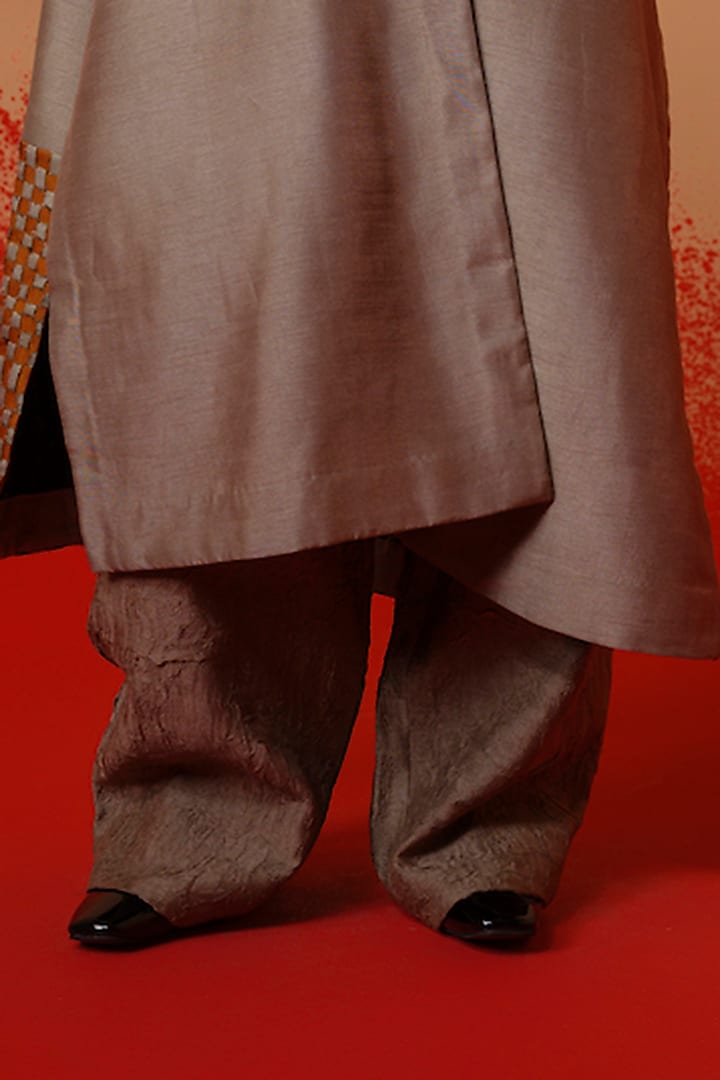 Grey Crushed Silk Trousers by STOIQUE at Pernia's Pop Up Shop