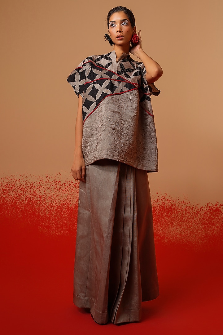 Grey Silk Draped Pleated Skirt by STOIQUE at Pernia's Pop Up Shop