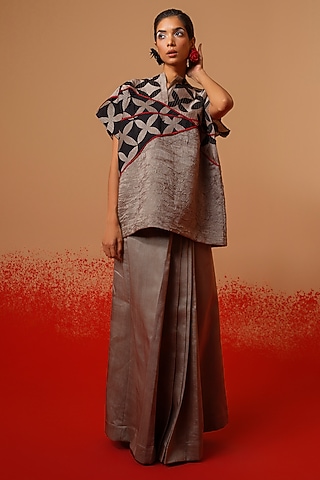 Grey Silk Draped Pleated Skirt by STOIQUE
