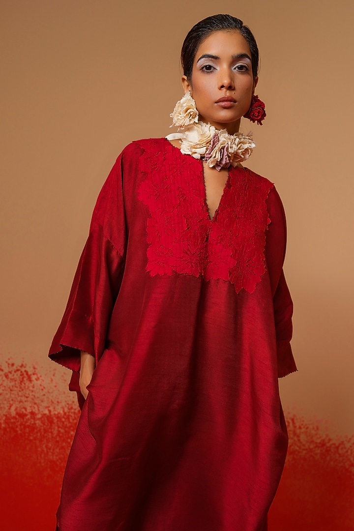 Red Crushed Silk Textured Tunic by STOIQUE at Pernia's Pop Up Shop
