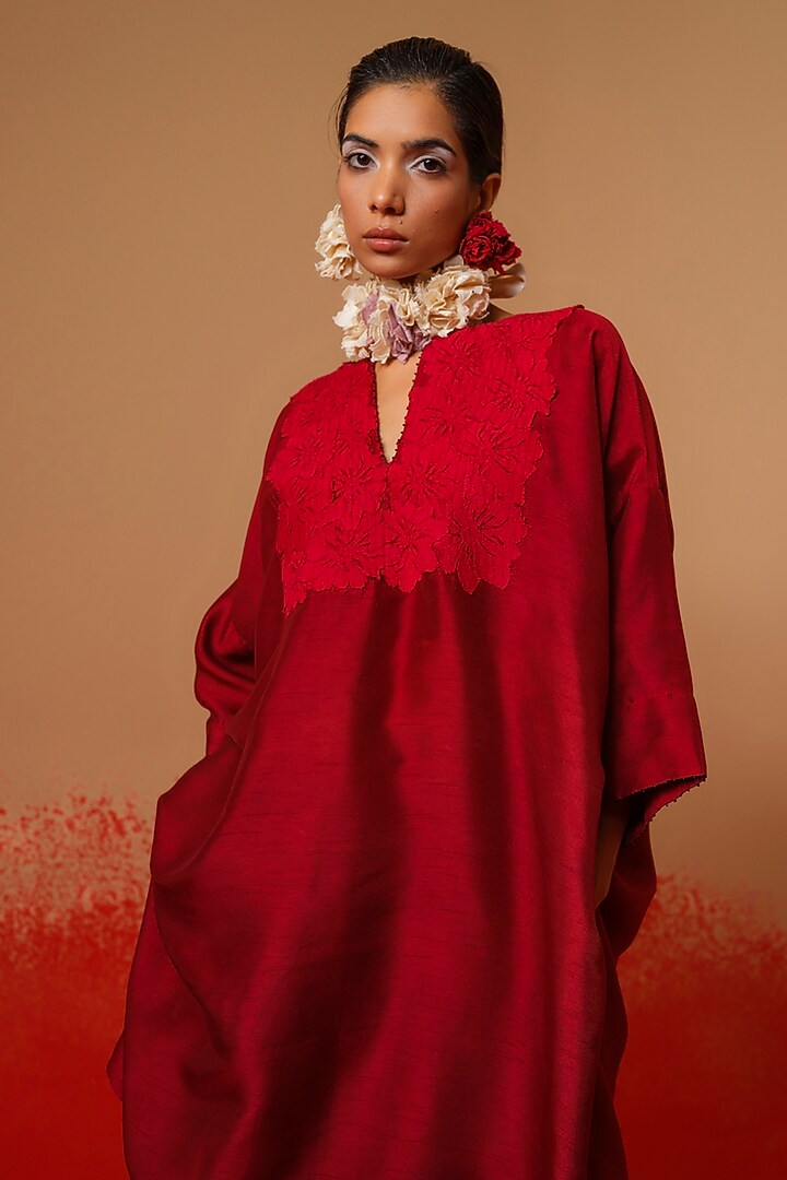 Red Crushed Silk Textured Tunic by STOIQUE at Pernia's Pop Up Shop