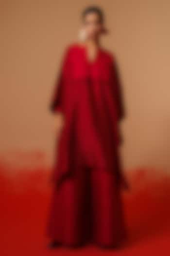 Red Crushed Silk Trousers by STOIQUE at Pernia's Pop Up Shop