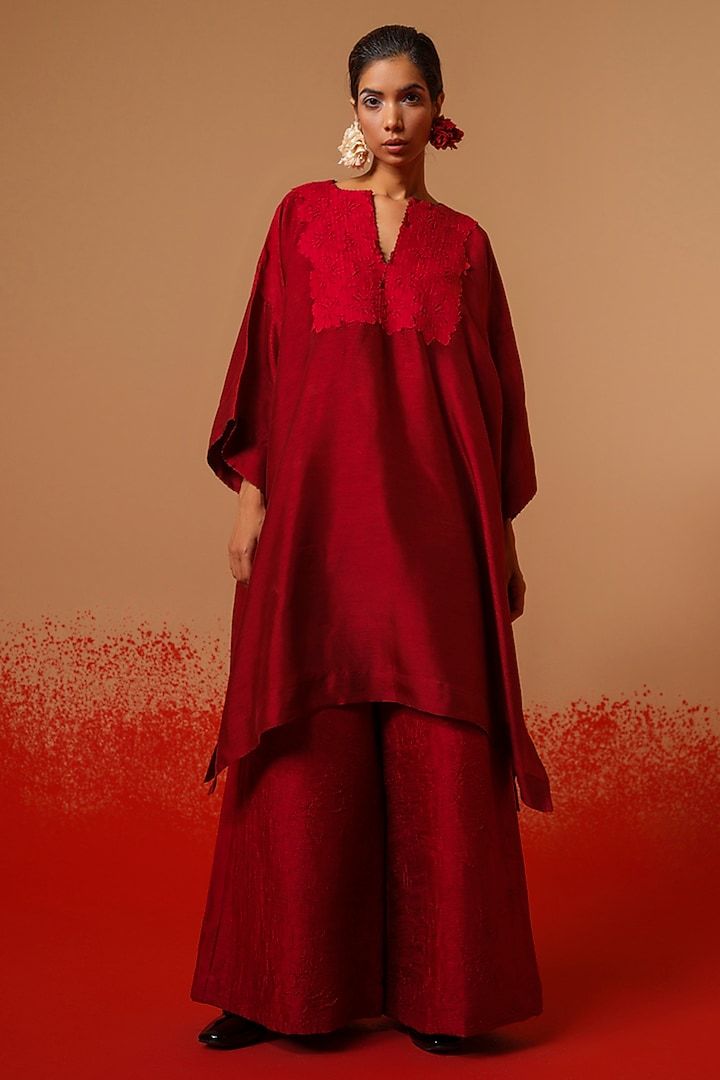 Red Crushed Silk Trousers by STOIQUE at Pernia's Pop Up Shop