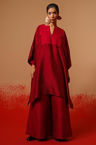 Red Crushed Silk Trousers by STOIQUE