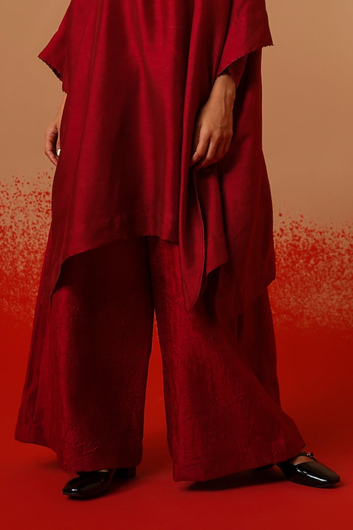 Red Crushed Silk Trousers by STOIQUE at Pernia's Pop Up Shop