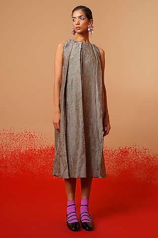 Grey Crushed Silk Pleated Midi Dress by STOIQUE