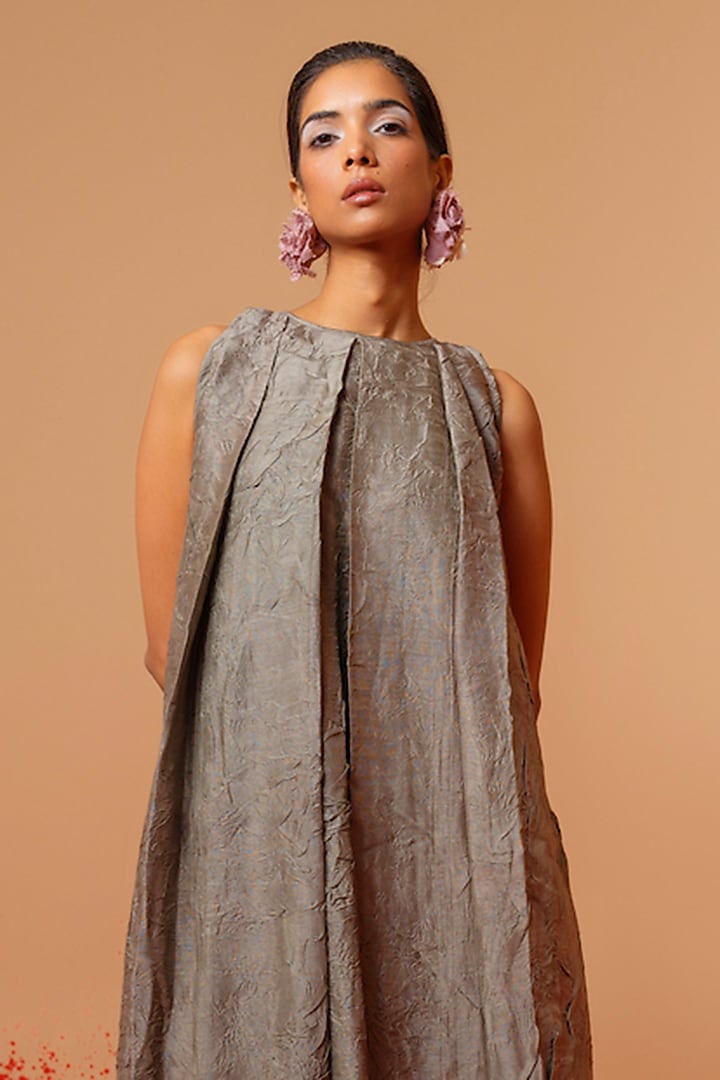Grey Crushed Silk Pleated Midi Vacation Dress by STOIQUE at Pernia's Pop Up Shop