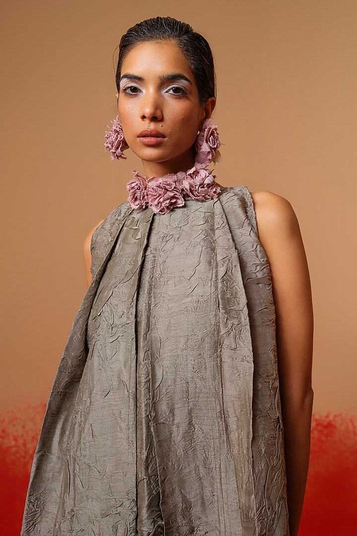 Grey Crushed Silk Pleated Midi Vacation Dress by STOIQUE at Pernia's Pop Up Shop