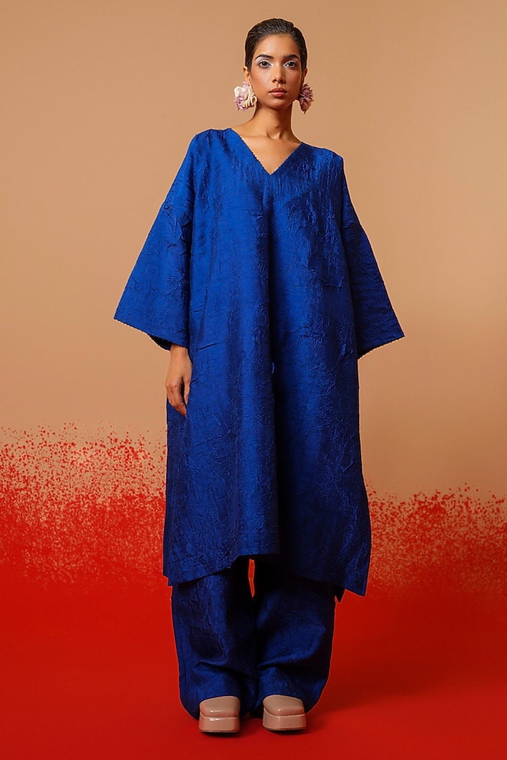 Electric Blue Crushed Silk Trousers by STOIQUE at Pernia's Pop Up Shop
