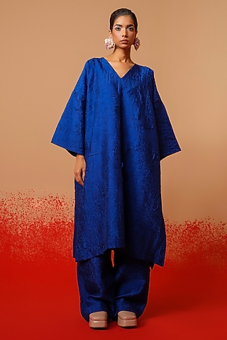 Electric Blue Crushed Silk Trousers by STOIQUE