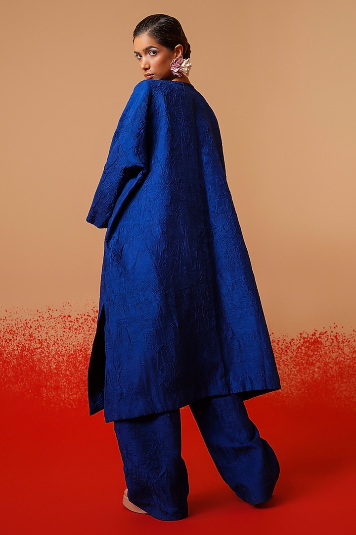 Electric Blue Crushed Silk Trousers by STOIQUE at Pernia's Pop Up Shop