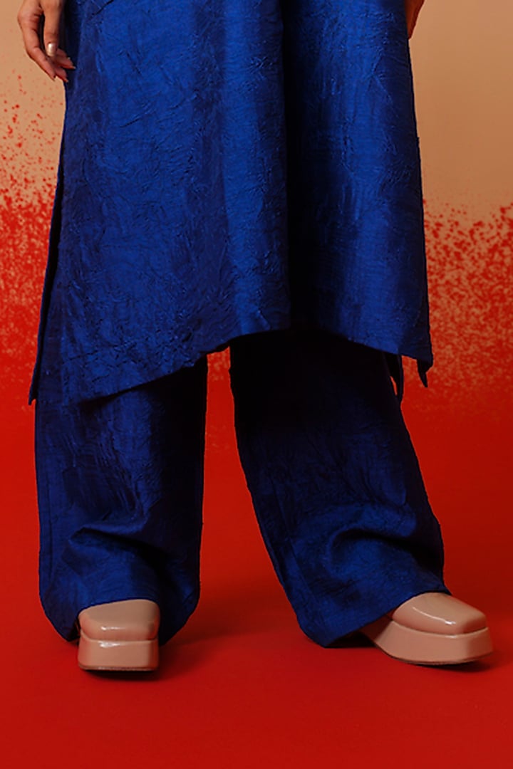 Electric Blue Crushed Silk Trousers by STOIQUE at Pernia's Pop Up Shop