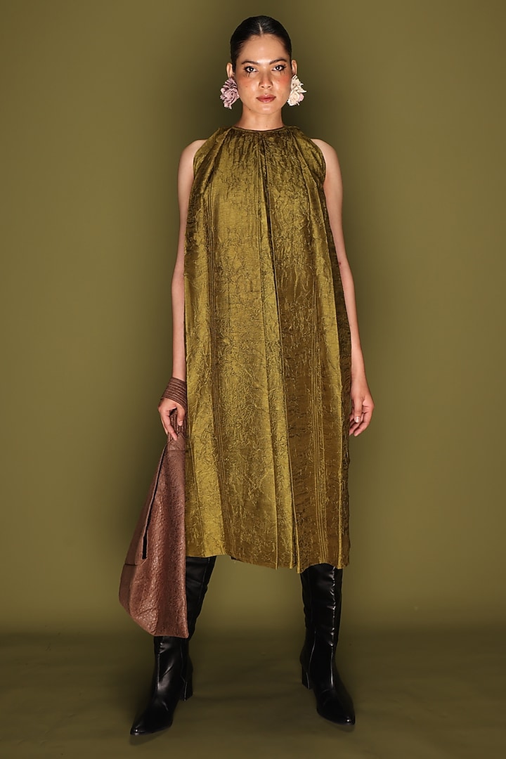 Grey Mysore Silk Pleated Midi Vacation Dress by STOIQUE at Pernia's Pop Up Shop