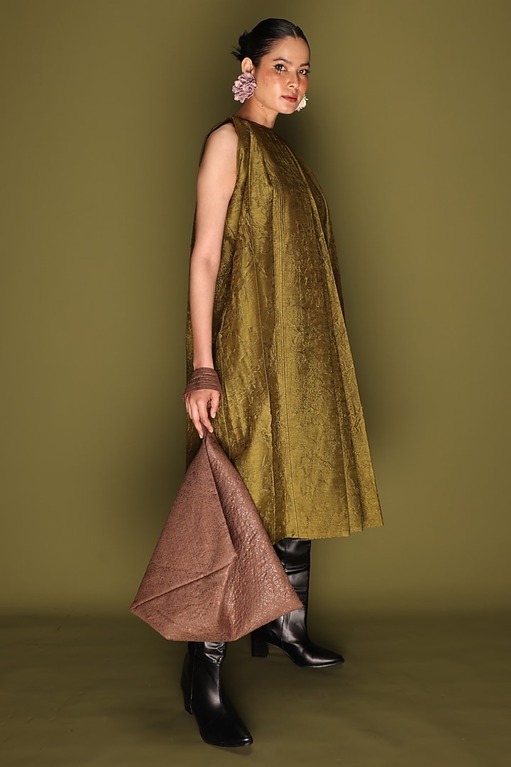 Grey Mysore Silk Pleated Midi Vacation Dress by STOIQUE at Pernia's Pop Up Shop