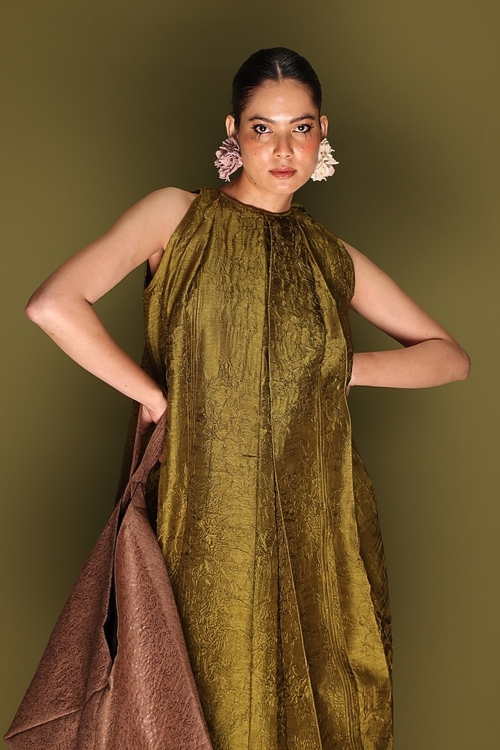 Grey Mysore Silk Pleated Midi Vacation Dress by STOIQUE at Pernia's Pop Up Shop