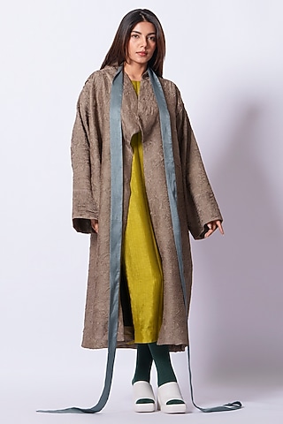 Grey Mysore Silk Pleated Oversized Jacket by STOIQUE