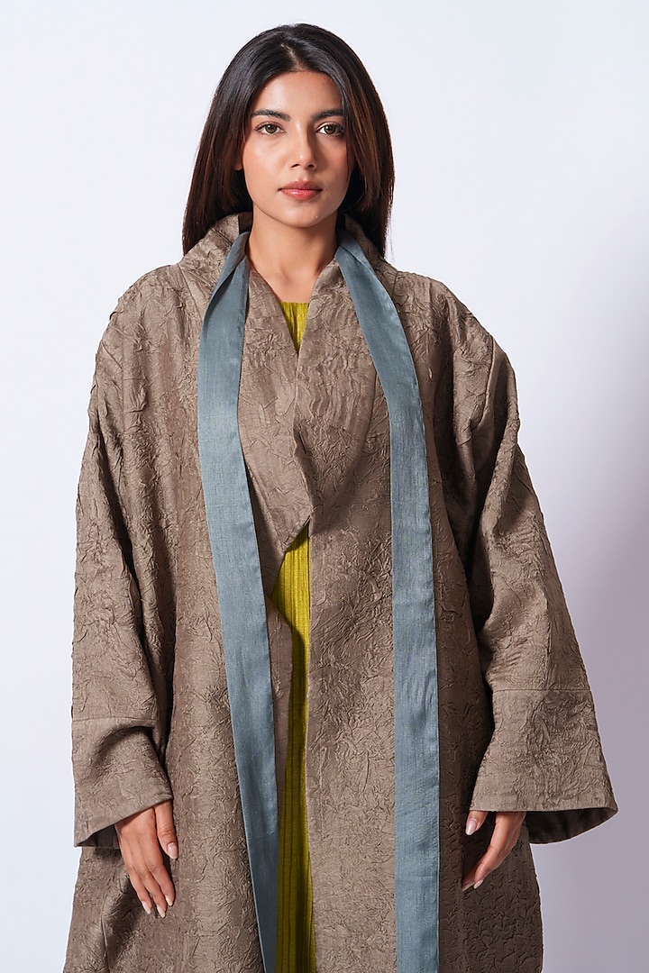 Grey Mysore Silk Pleated Oversized Jacket by STOIQUE at Pernia's Pop Up Shop