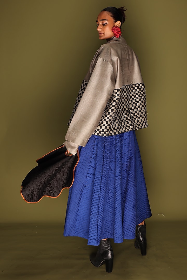 Grey & Black Mysore Silk Checkered Jacket by STOIQUE at Pernia's Pop Up Shop