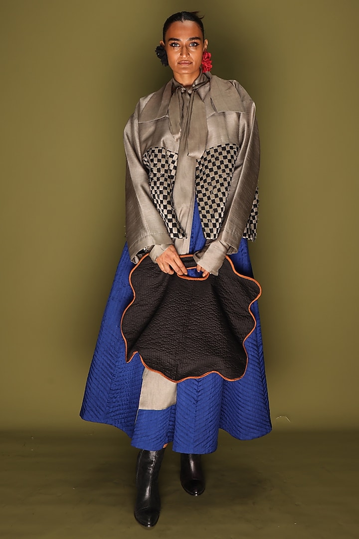 Grey & Black Mysore Silk Checkered Jacket by STOIQUE at Pernia's Pop Up Shop