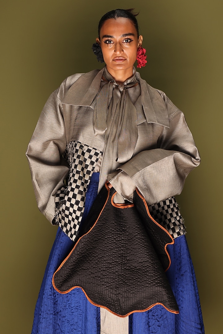 Grey & Black Mysore Silk Checkered Jacket by STOIQUE at Pernia's Pop Up Shop