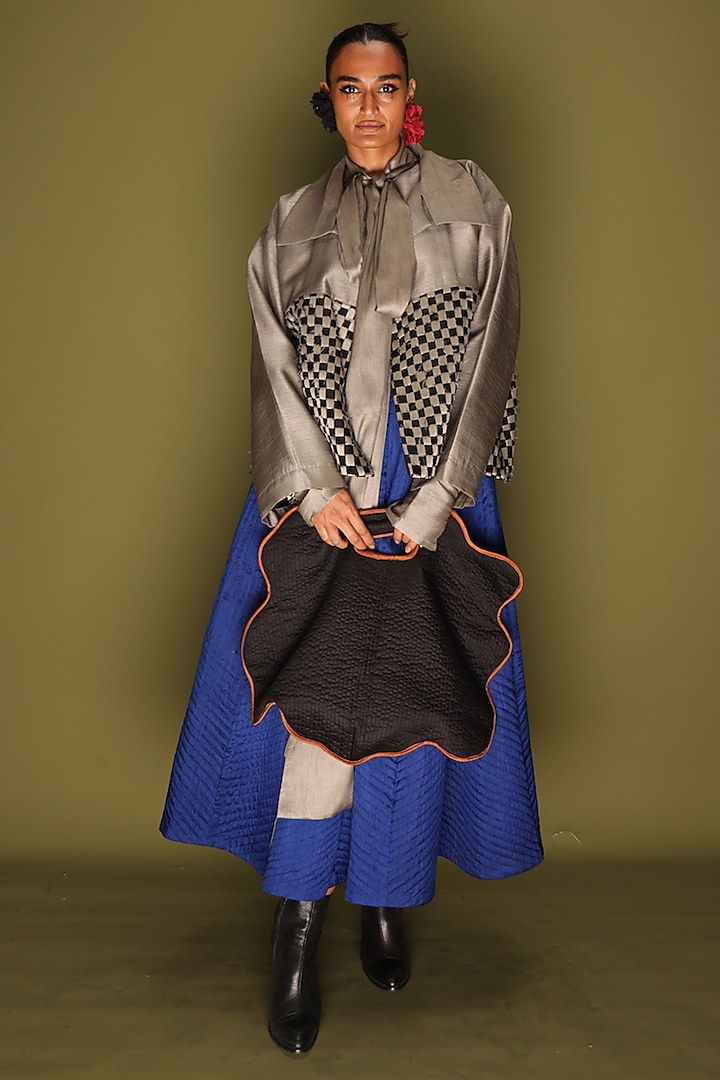 Blue Mysore Silk Quilted Skirt by STOIQUE at Pernia's Pop Up Shop