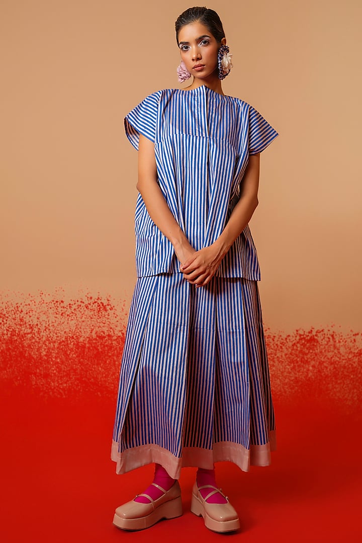 Pink & Blue Italian Cotton Hand Block Printed Oversized Top by STOIQUE at Pernia's Pop Up Shop