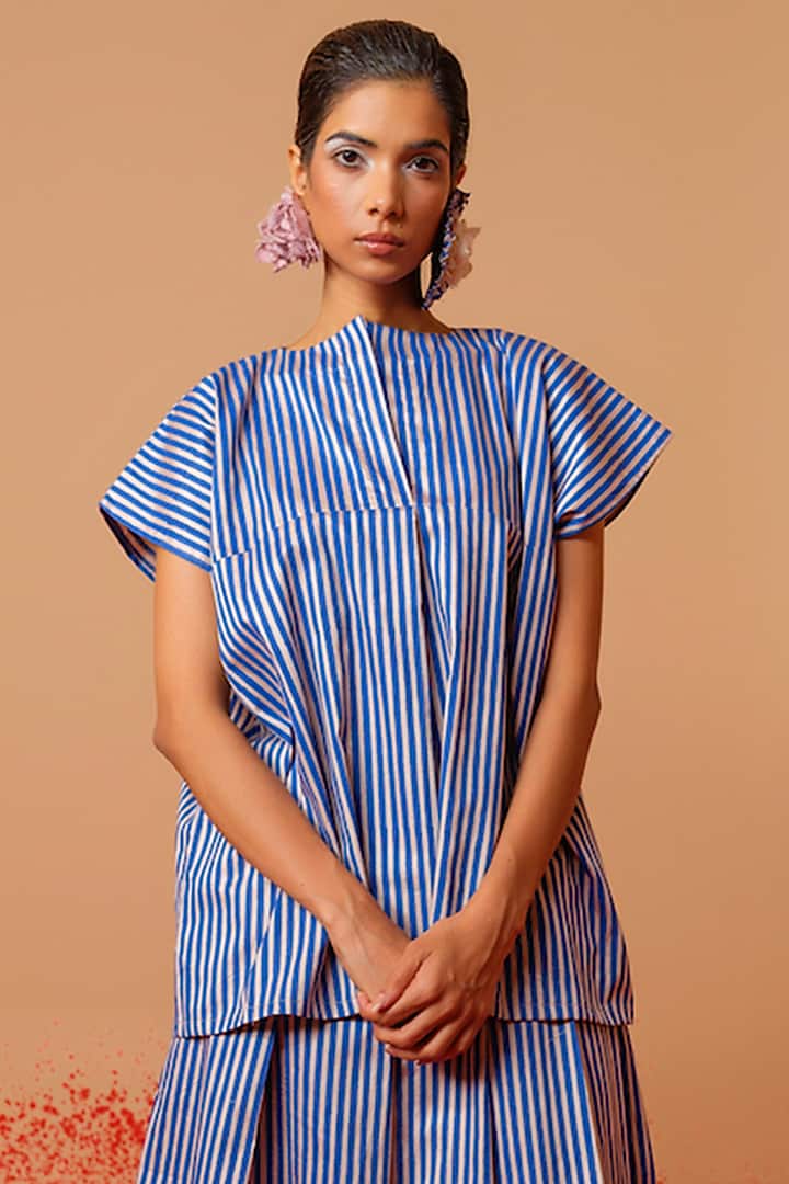 Pink & Blue Italian Cotton Handblock Printed Oversized Top by STOIQUE at Pernia's Pop Up Shop