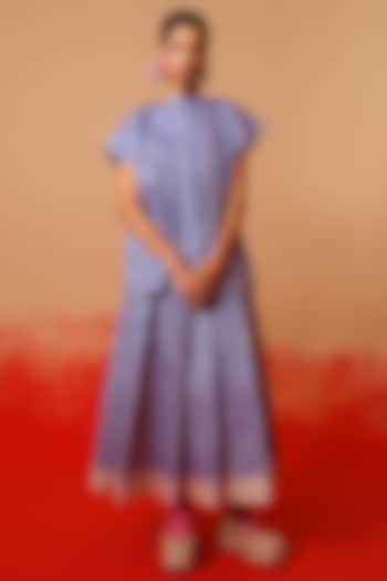 Pink & Blue Italian Cotton Hand Block Printed Pleated Skirt by STOIQUE at Pernia's Pop Up Shop