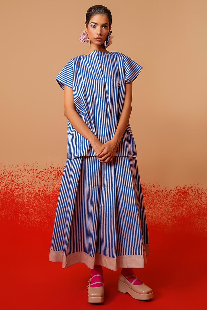Pink & Blue Italian Cotton Hand Block Printed Pleated Skirt by STOIQUE at Pernia's Pop Up Shop