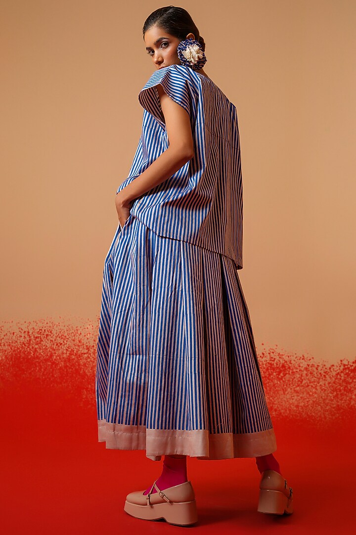 Pink & Blue Italian Cotton Handblock Printed Pleated Skirt by STOIQUE at Pernia's Pop Up Shop