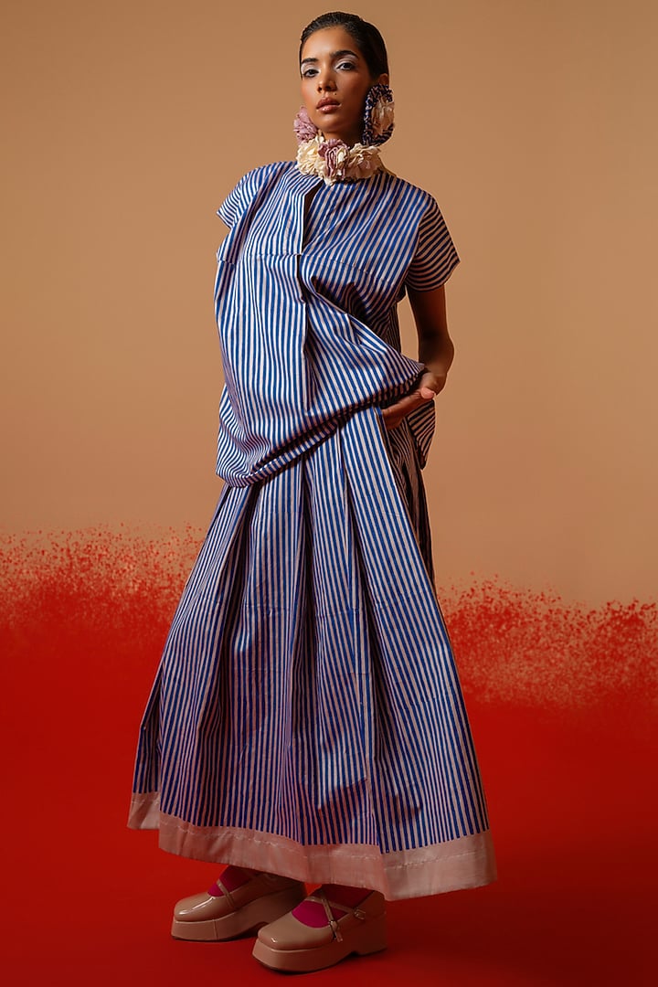 Pink & Blue Italian Cotton Handblock Printed Pleated Skirt by STOIQUE at Pernia's Pop Up Shop