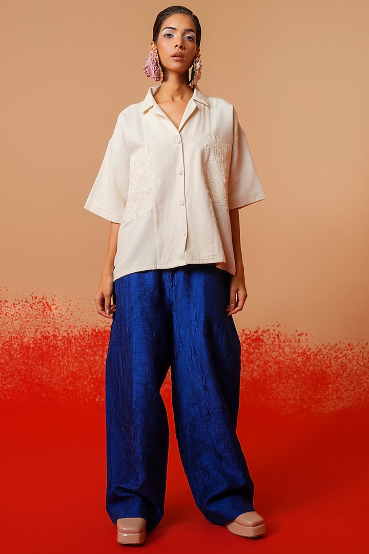 Electric Blue Crushed Silk Trousers by STOIQUE at Pernia's Pop Up Shop
