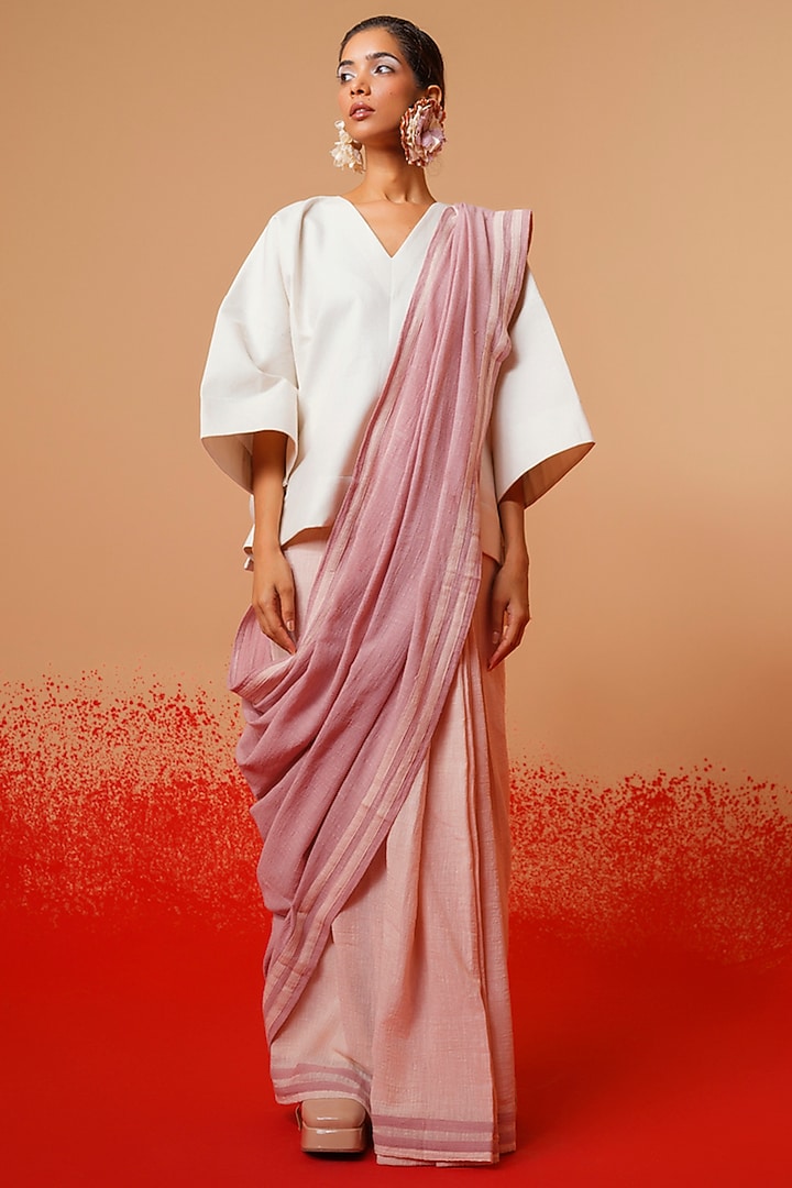 Pink & Ivory Crushed Cotton Party Wear Saree by STOIQUE at Pernia's Pop Up Shop