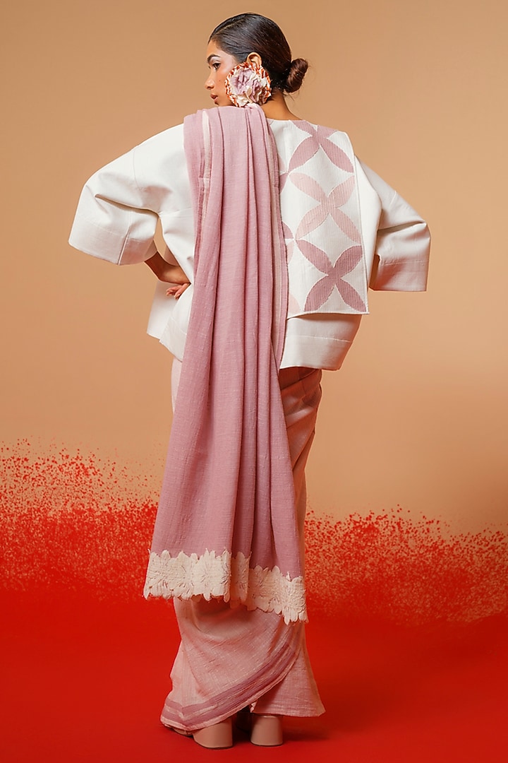 Rose Pink-Mauve Crushed Cotton Floral Motifs Party Wear Saree by STOIQUE at Pernia's Pop Up Shop