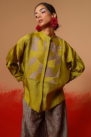 Moss Green & Grey Mysore Silk Patchwork Top by STOIQUE
