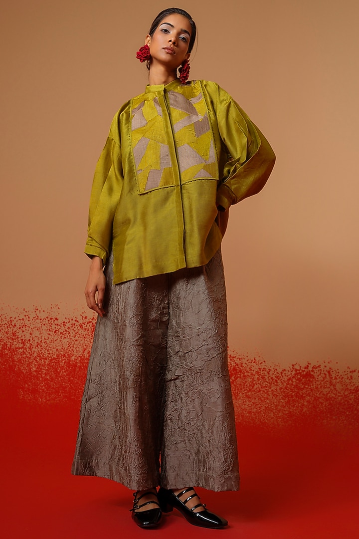 Grey Crushed Silk Trousers by STOIQUE at Pernia's Pop Up Shop