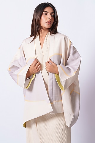 Ivory-Grey Crepe Printed Kimono-Style Jacket by STOIQUE