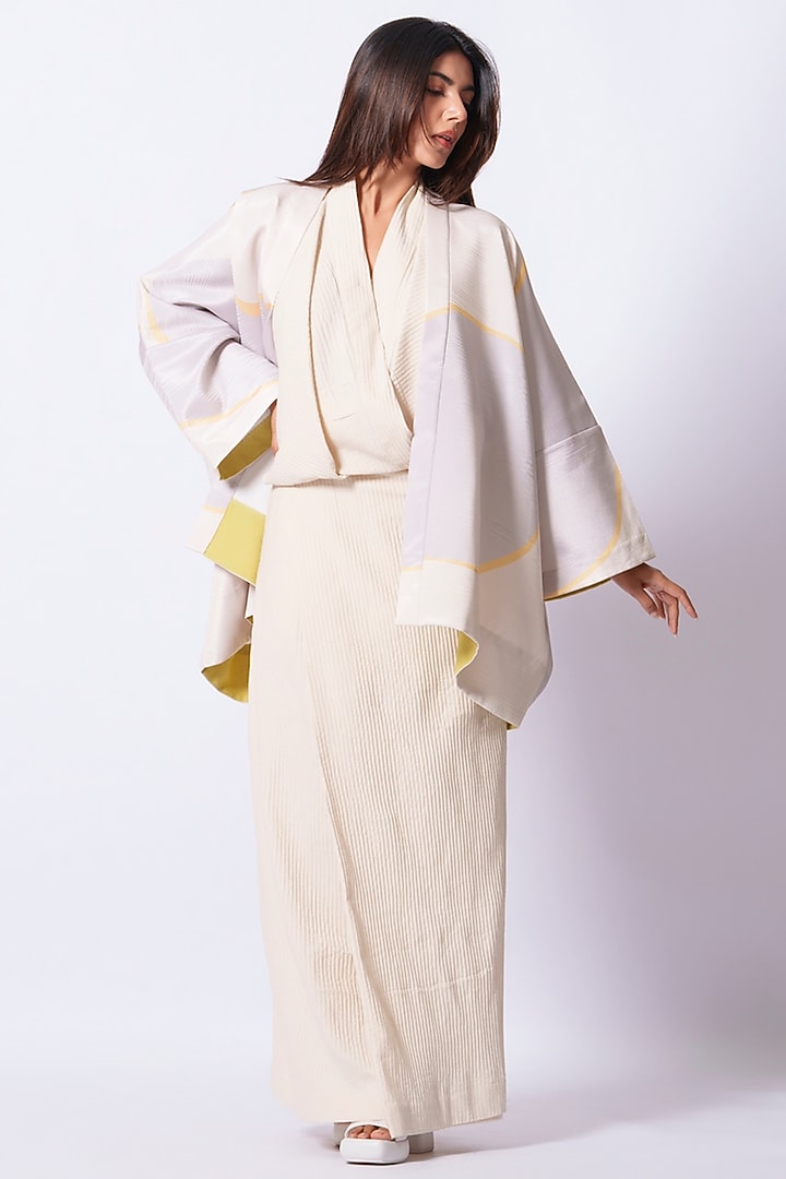 Ivory-Grey Crepe Printed Kimono-Style Jacket by STOIQUE at Pernia's Pop Up Shop