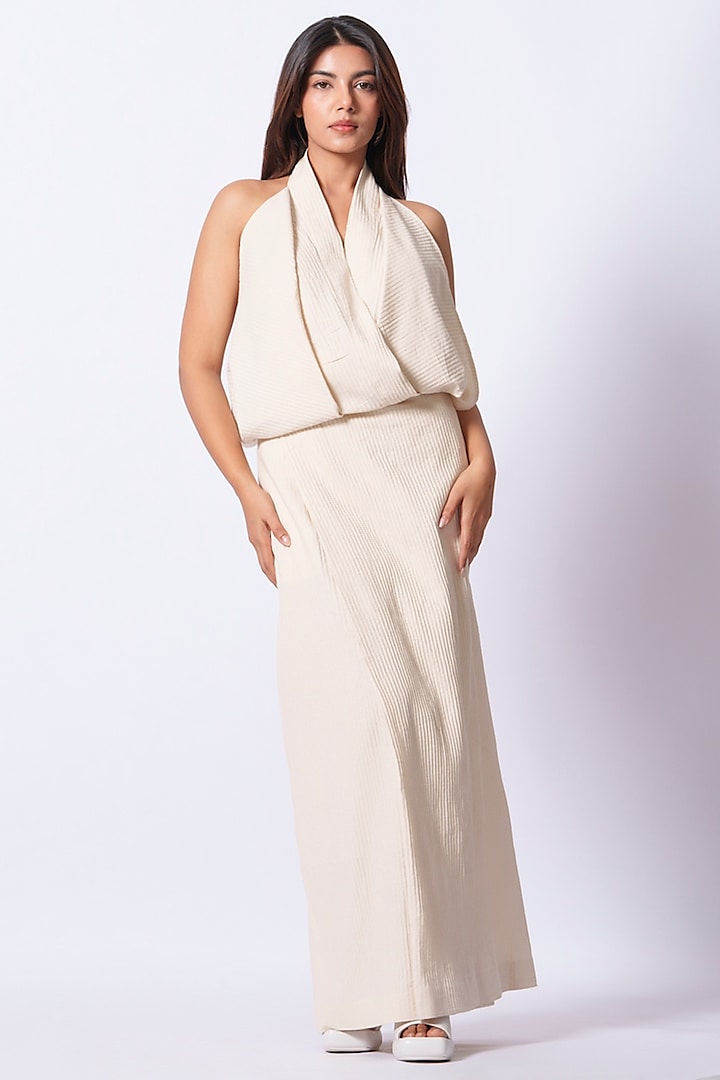 Ivory Pleated Cotton Draped Summer Dress by STOIQUE at Pernia's Pop Up Shop