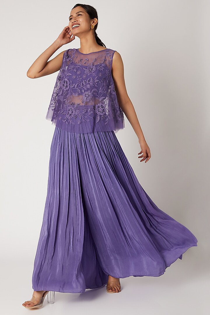 Purple Embroidered Cape With Bustier & Pleated Pants by Shruti Ranka