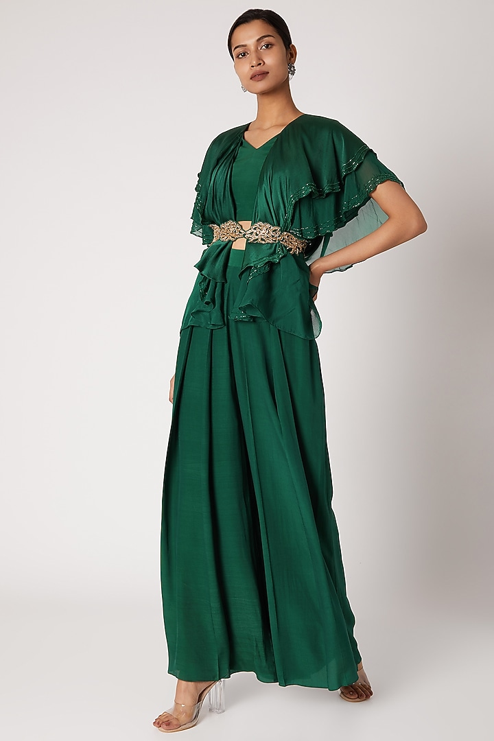 Emerald Green Crop Top With Pants & Belt by Shruti Ranka at Pernia's Pop Up Shop