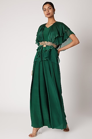 Emerald Green Crop Top With Pants & Belt by Shruti Ranka
