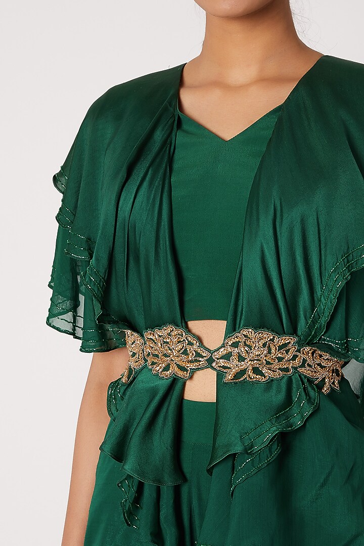 Emerald Green Crop Top With Pants & Belt by Shruti Ranka at Pernia's Pop Up Shop
