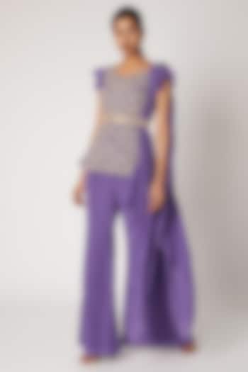 Purple Embroidered Tunic Set With Belt by Shruti Ranka