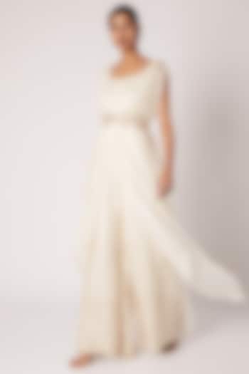 Ivory Embroidered Jumpsuit With Cape & Belt by Shruti Ranka at Pernia's Pop Up Shop