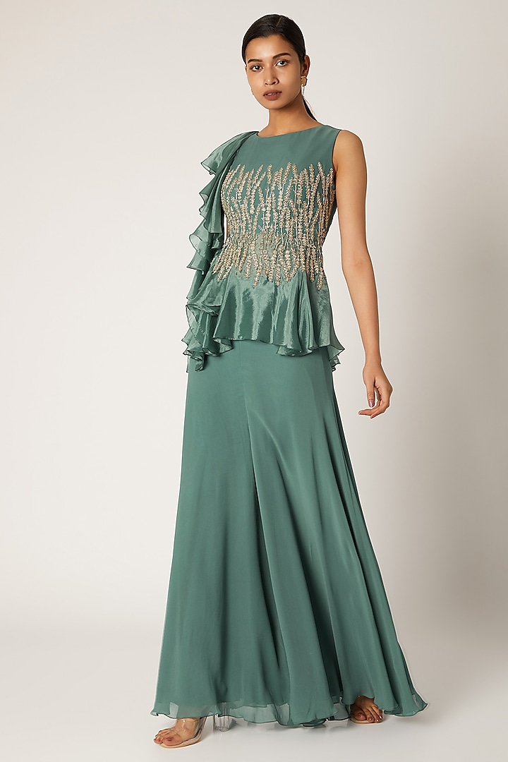 Turquoise Embroidered Peplum Top With Pants by Shruti Ranka at Pernia's Pop Up Shop