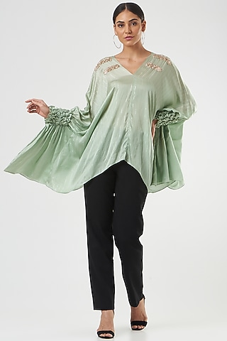 Aqua Blue Cotton Satin Smocked Tunic by Shruti Ranka