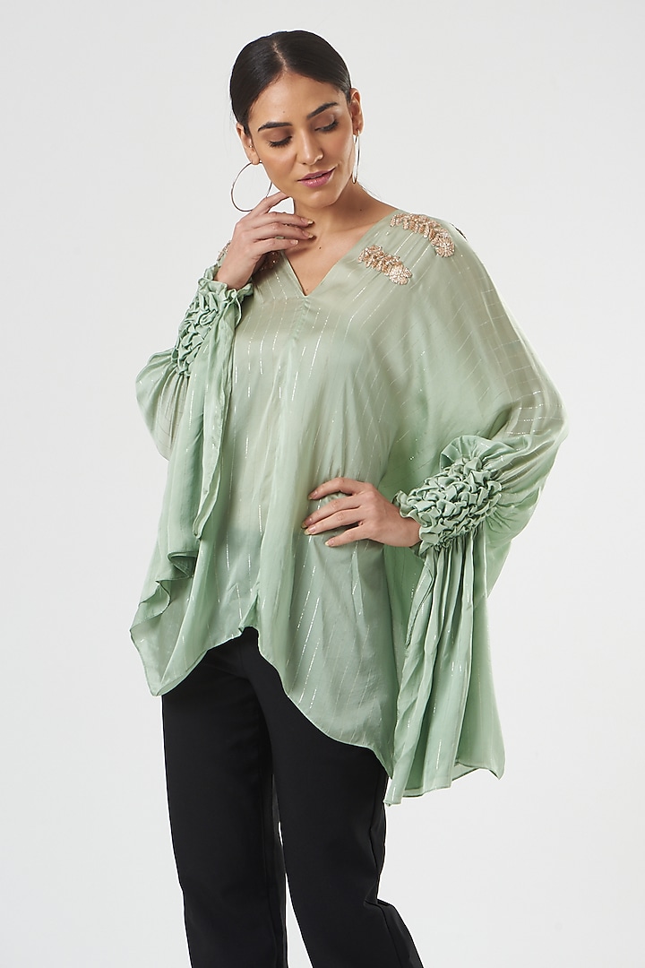 Aqua Blue Cotton Satin Smocked Tunic by Shruti Ranka at Pernia's Pop Up Shop