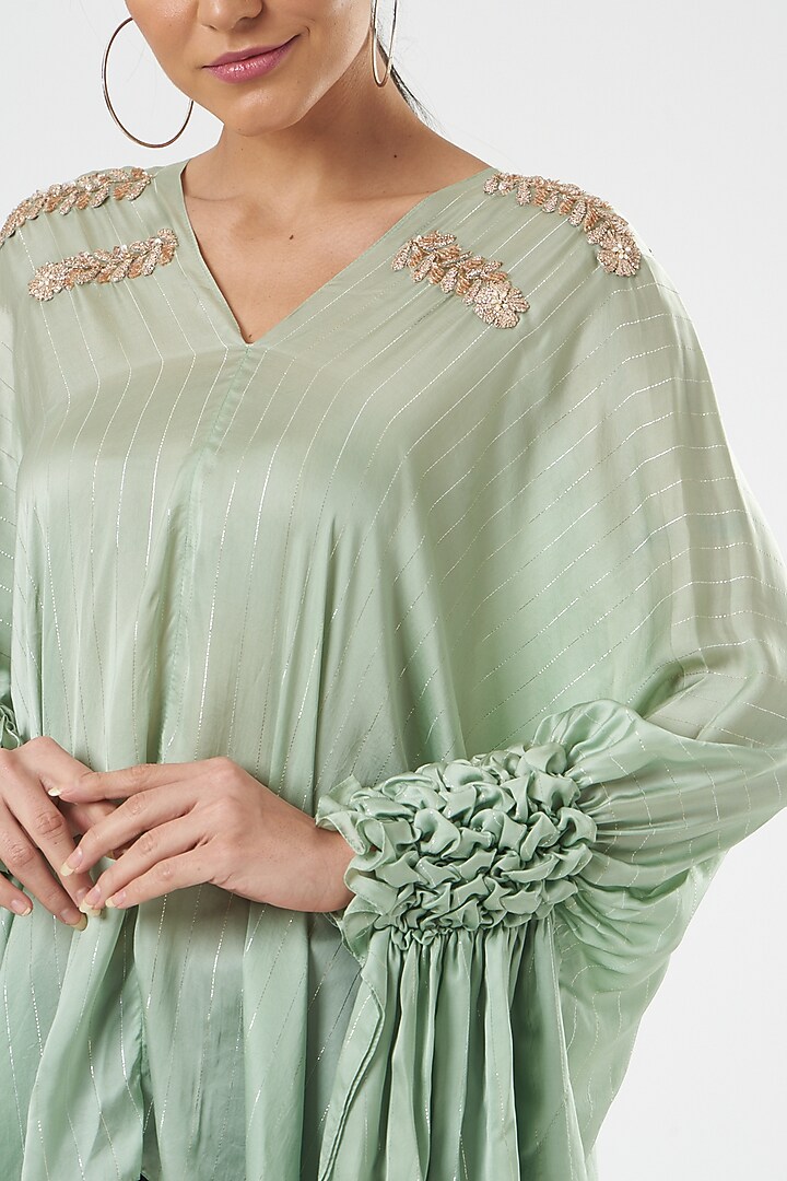 Aqua Blue Cotton Satin Smocked Tunic by Shruti Ranka at Pernia's Pop Up Shop
